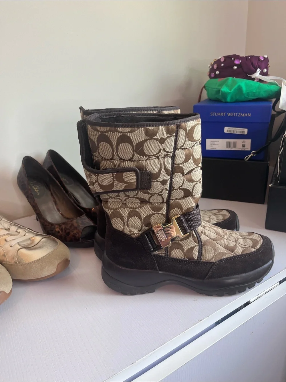 Coach Quilted Logo Tan & Brown Winter Boots